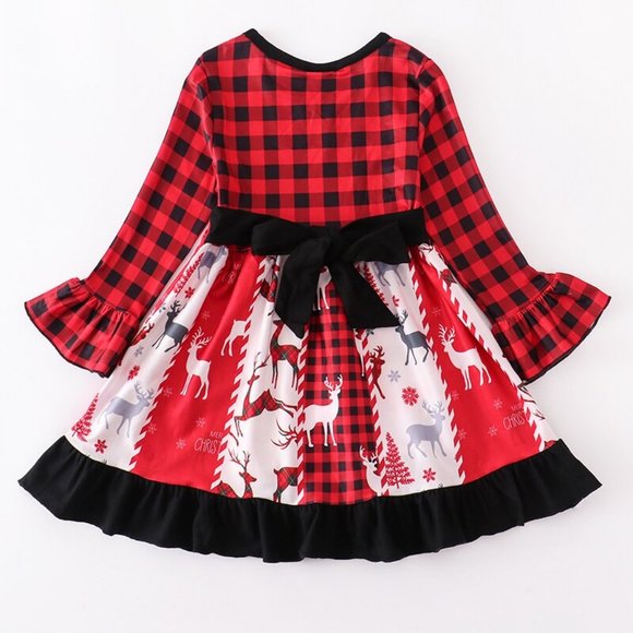 Boutique Reindeer Buffalo Plaid Girls Christmas Panel Twirls Dress - Picture 4 of 4